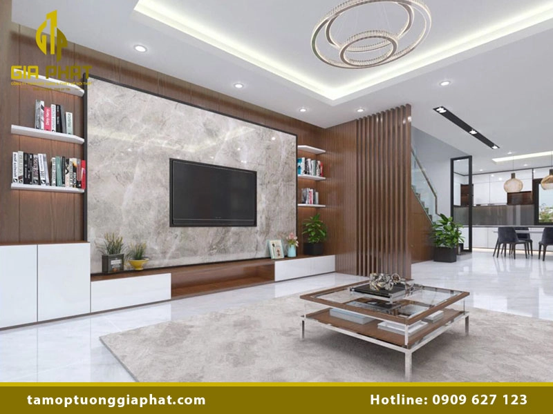 Tấm nhựa ốp tường trang trí phòng khách sang trọng